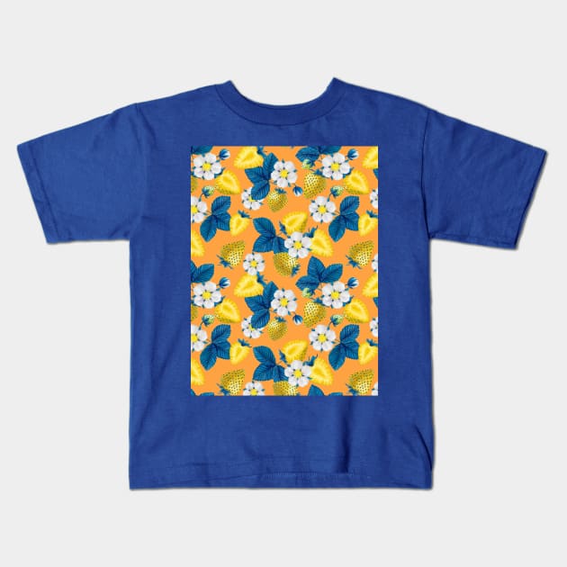 Yellow strawberries on orange Kids T-Shirt by katerinamk